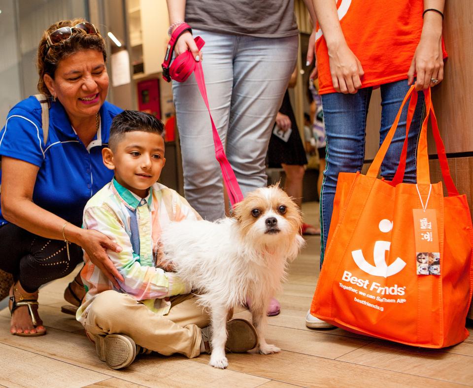 Smiling people adopting a dog